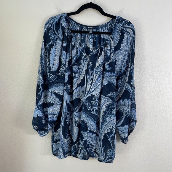 Chaps Womens XL Blue Floral Leaf Print Blouse Long Sleeve Lightweight Boho Shirt - Picture 6 of 8
